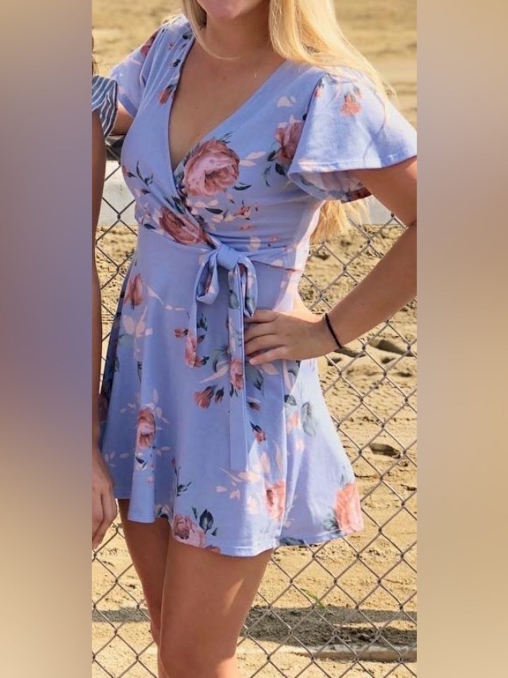*5/$20 or 3/$15* Floral Wrap Mini Dress in Light Blue